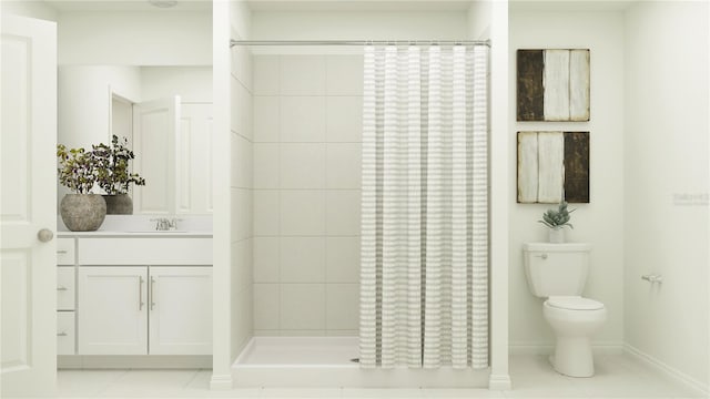 bathroom featuring tile patterned floors, a shower with curtain, toilet, and vanity