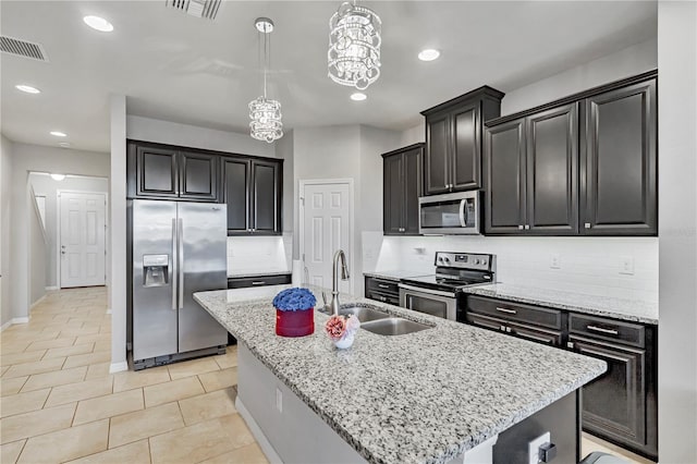 kitchen featuring a kitchen island with sink, appliances with stainless steel finishes, pendant lighting, sink, and backsplash