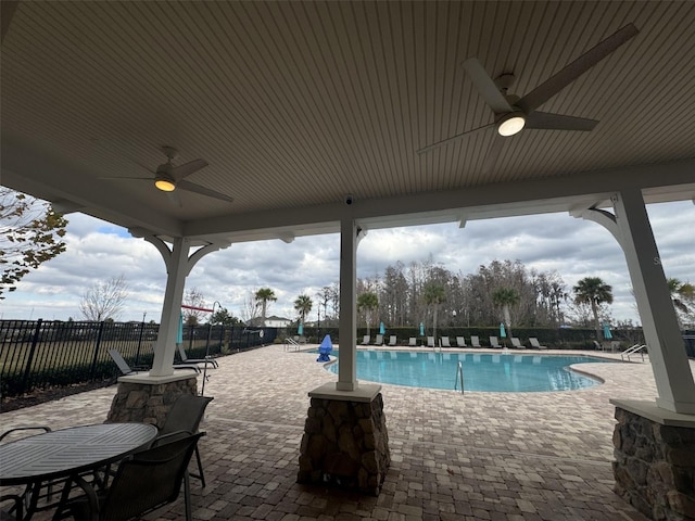 view of swimming pool with ceiling fan and a patio area