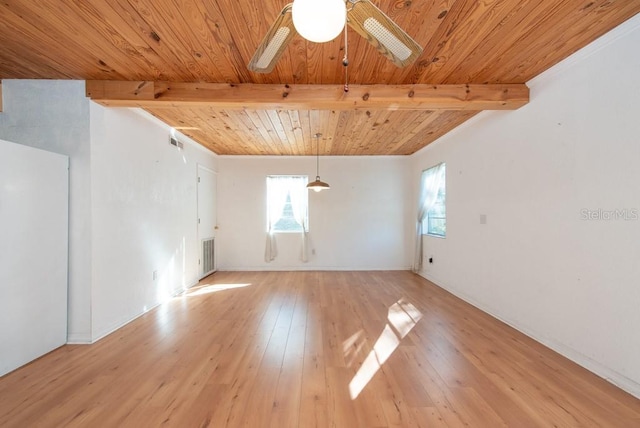 unfurnished room with ceiling fan, beam ceiling, wooden ceiling, and light hardwood / wood-style flooring