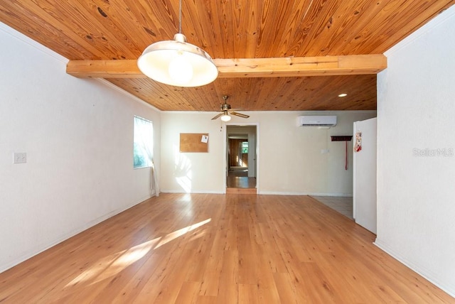 unfurnished living room with a wall unit AC, wooden ceiling, beam ceiling, and light wood-type flooring