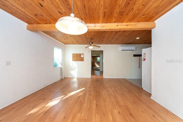 11008 Browning Rd, Lithia, FL 33547 - spare room featuring a wall mounted air conditioner, wood ceiling, light wood-style floors, ceiling fan, and baseboards