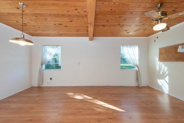 unfurnished room with a wealth of natural light, ceiling fan, wood ceiling, and hardwood / wood-style flooring