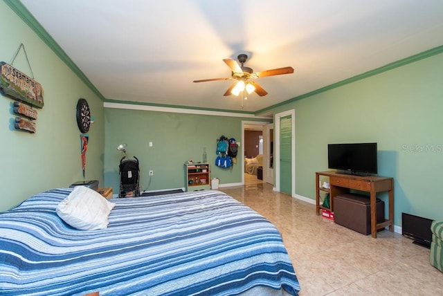 bedroom with ceiling fan and crown molding