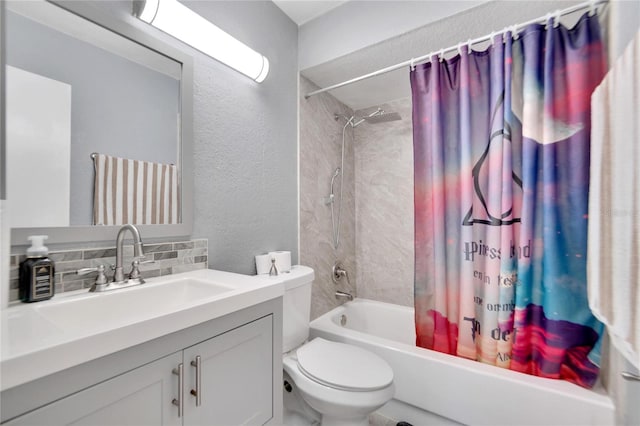 full bathroom featuring vanity, toilet, backsplash, and shower / tub combo with curtain