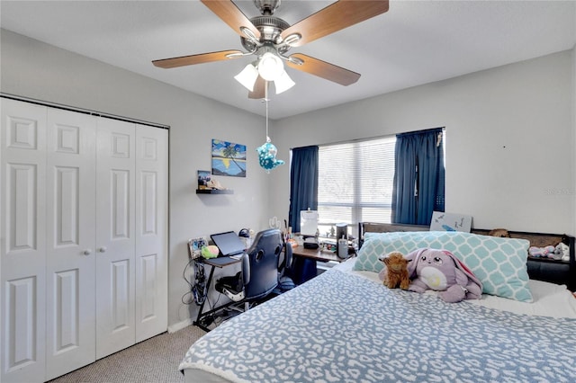 bedroom with carpet flooring, ceiling fan, and a closet