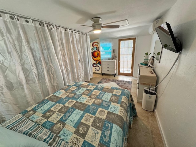 bedroom with ceiling fan and an AC wall unit