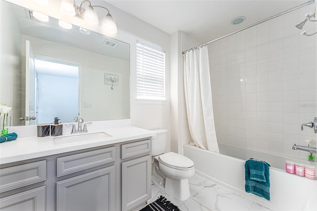 full bathroom with vanity, toilet, and shower / bathtub combination with curtain