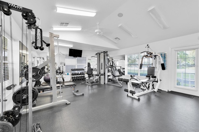 exercise room with vaulted ceiling, ceiling fan, and visible vents