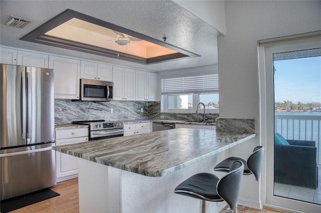 kitchen with a raised ceiling, a breakfast bar area, a water view, stainless steel appliances, and white cabinetry