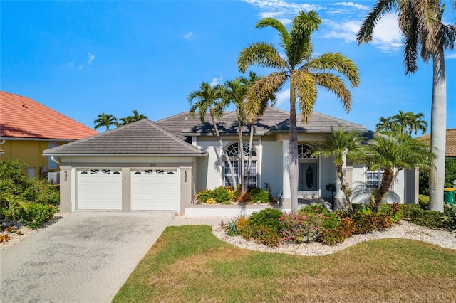 ranch-style house with a garage and a front yard