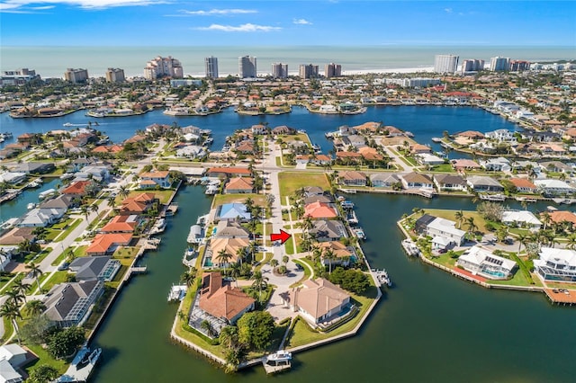 bird's eye view with a water view