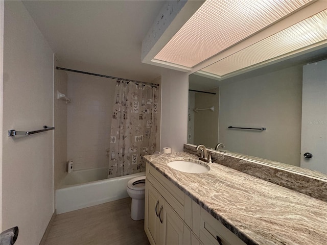 full bathroom featuring shower / bath combo, vanity, toilet, and wood-type flooring