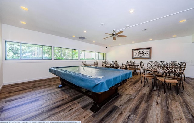 playroom with ceiling fan, a healthy amount of sunlight, dark hardwood / wood-style flooring, and billiards