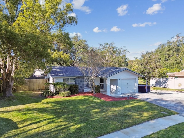 ranch-style home with a front yard and a garage