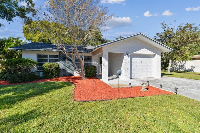 ranch-style home featuring a garage and a front lawn