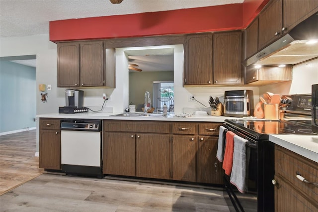 kitchen featuring dishwasher, sink, light hardwood / wood-style floors, and stainless steel electric range