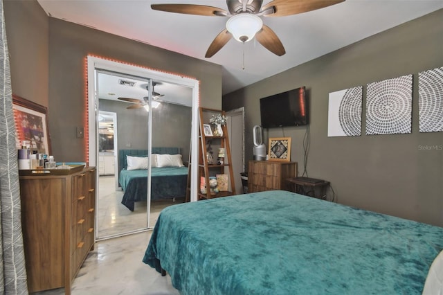 bedroom featuring a closet and ceiling fan