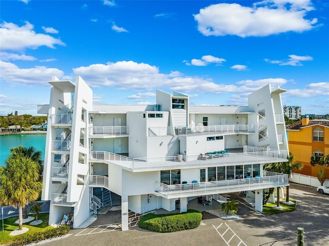 view of building exterior featuring a water view