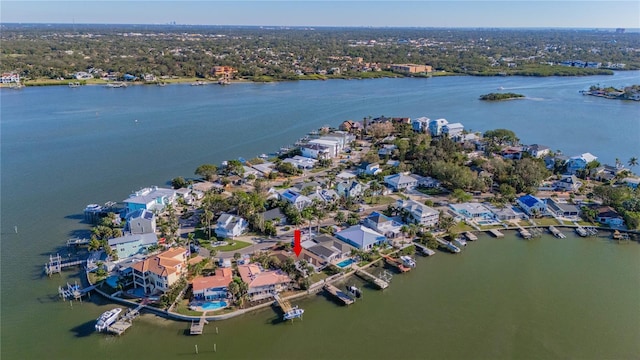 drone / aerial view featuring a water view