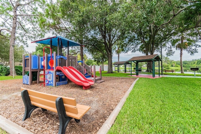 view of play area featuring a lawn