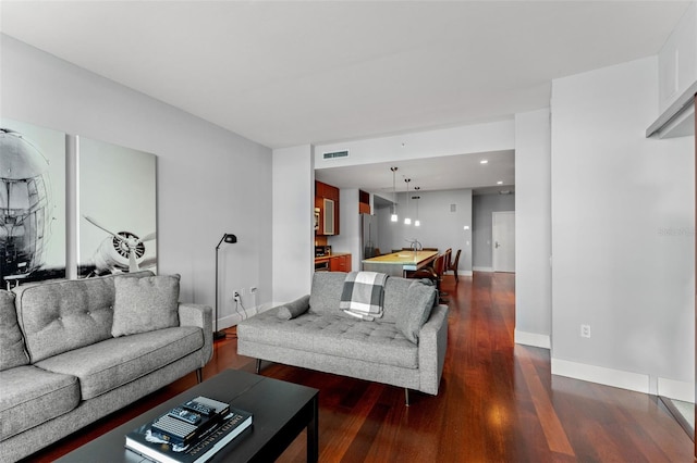 living room featuring dark hardwood / wood-style flooring and sink