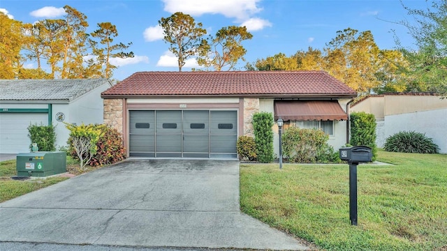 view of front of house with stucco siding, concrete driveway, a front yard, a garage, and a tiled roof