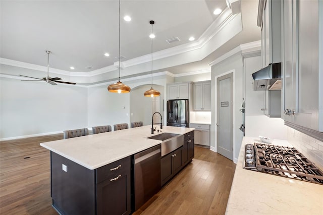 kitchen with appliances with stainless steel finishes, decorative light fixtures, sink, a tray ceiling, and a center island with sink