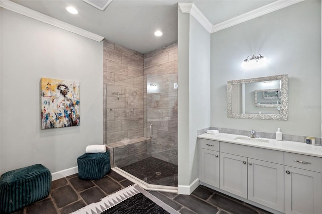 bathroom featuring walk in shower, ornamental molding, and vanity