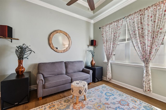 living room with wood-type flooring, ornamental molding, a raised ceiling, and ceiling fan