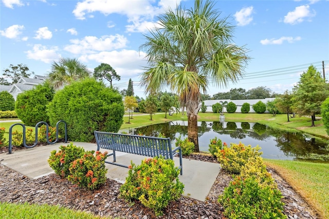 view of property's community with a water view and a lawn