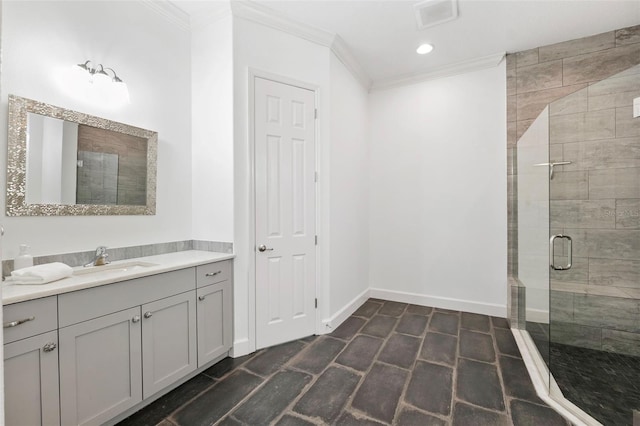 34 Concord Dr, Dunedin, FL 34698 - bathroom featuring ornamental molding, vanity, a shower stall, recessed lighting, and baseboards