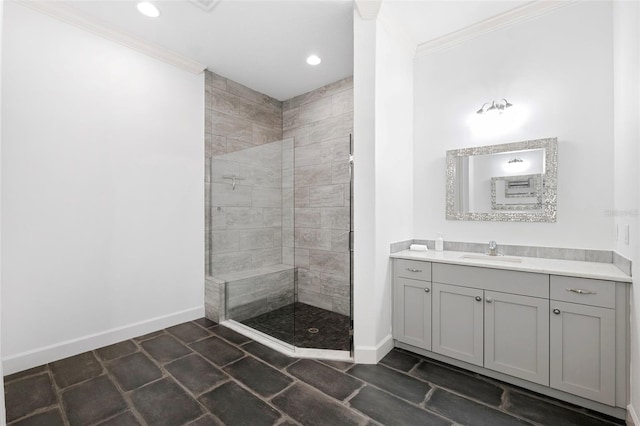 34 Concord Dr, Dunedin, FL 34698 - full bath with ornamental molding, a tile shower, baseboards, vanity, and recessed lighting