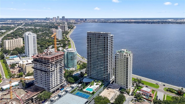 aerial view featuring a water view