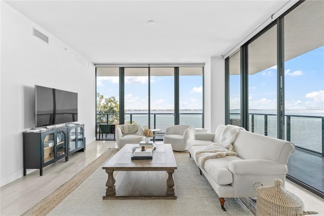 living room with hardwood / wood-style flooring, expansive windows, and a healthy amount of sunlight