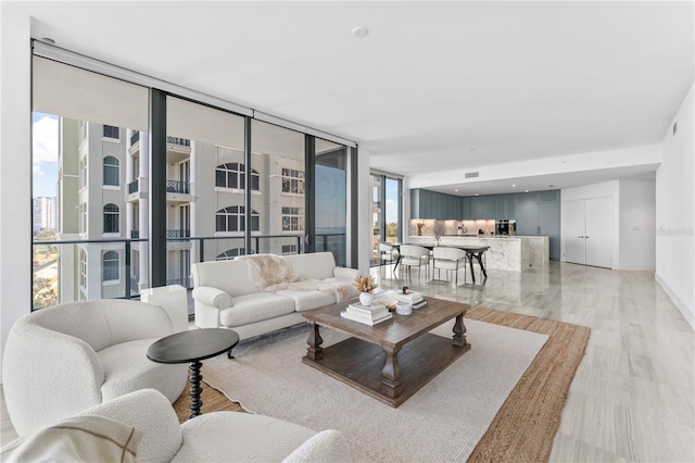 living room featuring plenty of natural light, light hardwood / wood-style floors, and floor to ceiling windows