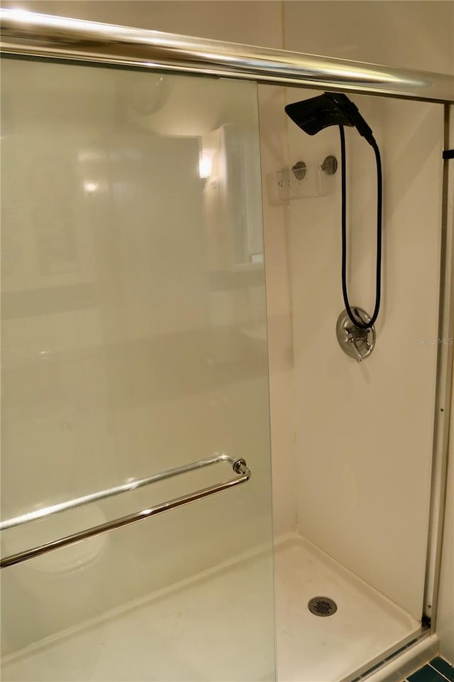 bathroom with a shower with shower door