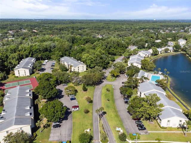 aerial view featuring a water view