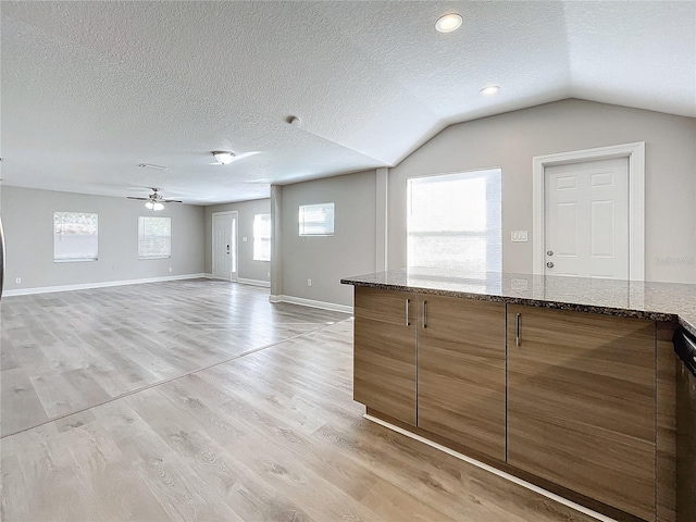 interior space featuring a textured ceiling, ceiling fan, lofted ceiling, and light wood-type flooring