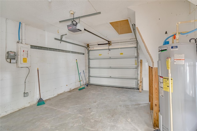 garage with electric panel, a garage door opener, and water heater