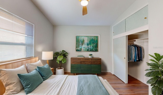 bedroom with wood-type flooring, a closet, and ceiling fan