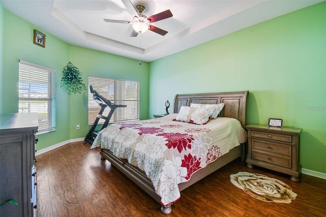 bedroom with dark hardwood / wood-style floors, ceiling fan, and a tray ceiling