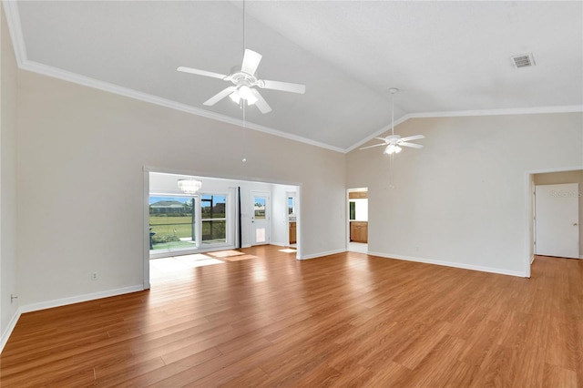 unfurnished living room with ceiling fan, ornamental molding, high vaulted ceiling, and light hardwood / wood-style flooring