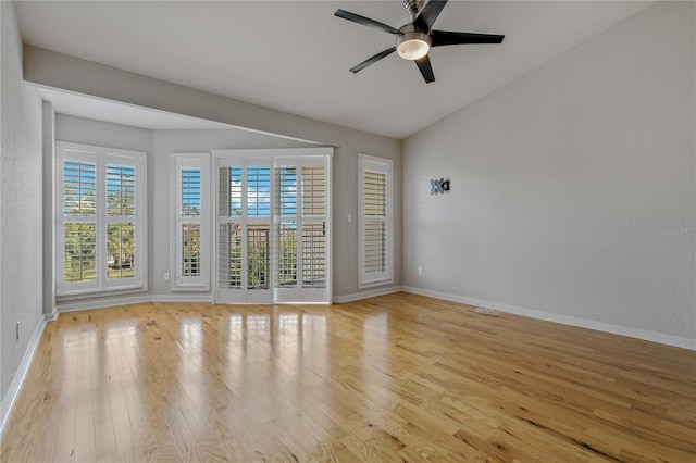 unfurnished room with ceiling fan and light wood-type flooring