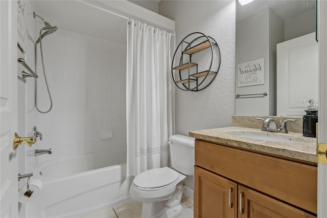 full bathroom with tile patterned flooring, vanity, toilet, and shower / bath combo with shower curtain