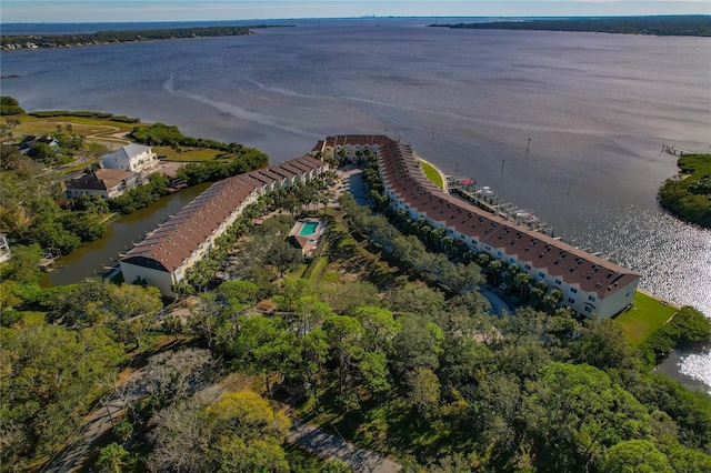 drone / aerial view with a water view