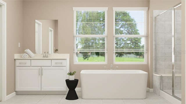 bathroom featuring tile patterned floors, vanity, and shower with separate bathtub