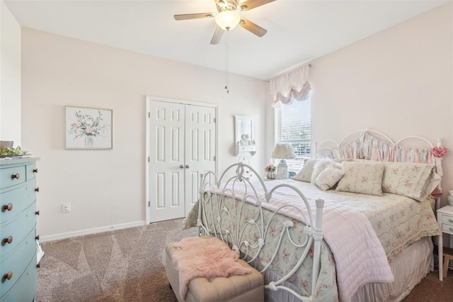 bedroom featuring ceiling fan, carpet floors, and a closet