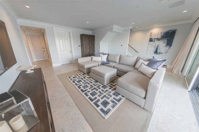 tiled living room featuring ornamental molding