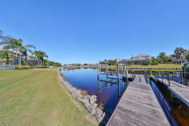 dock area featuring a water view and a yard